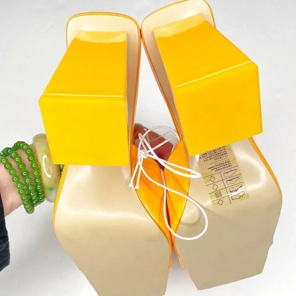 H&M Square Toe Chunky Heel Patent Mules Sandals in Yellow Orange Size 7 NEW - Picture 7 of 11